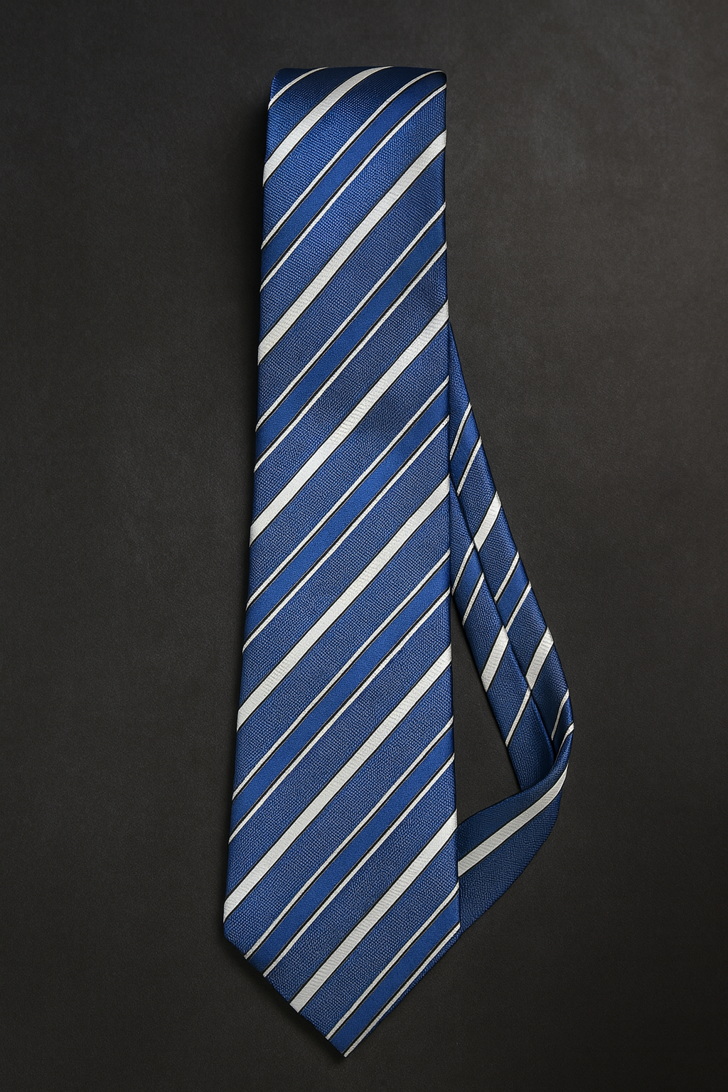 Cravatta blu con righe argento e grigie