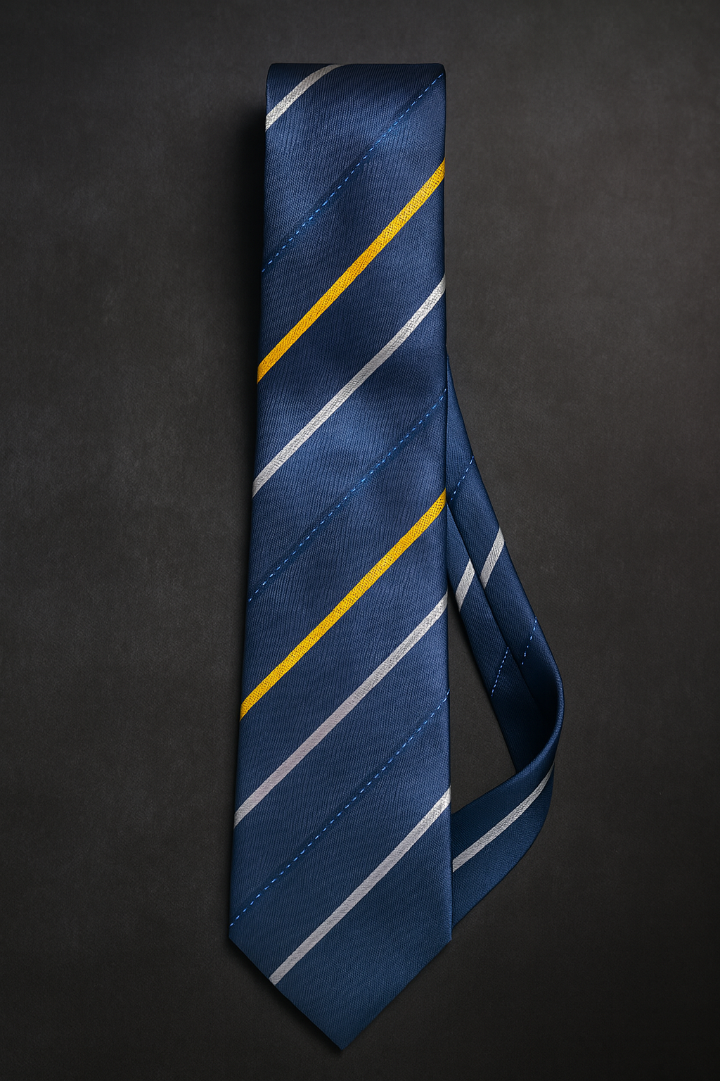Cravatta blu con righe gialle e argento