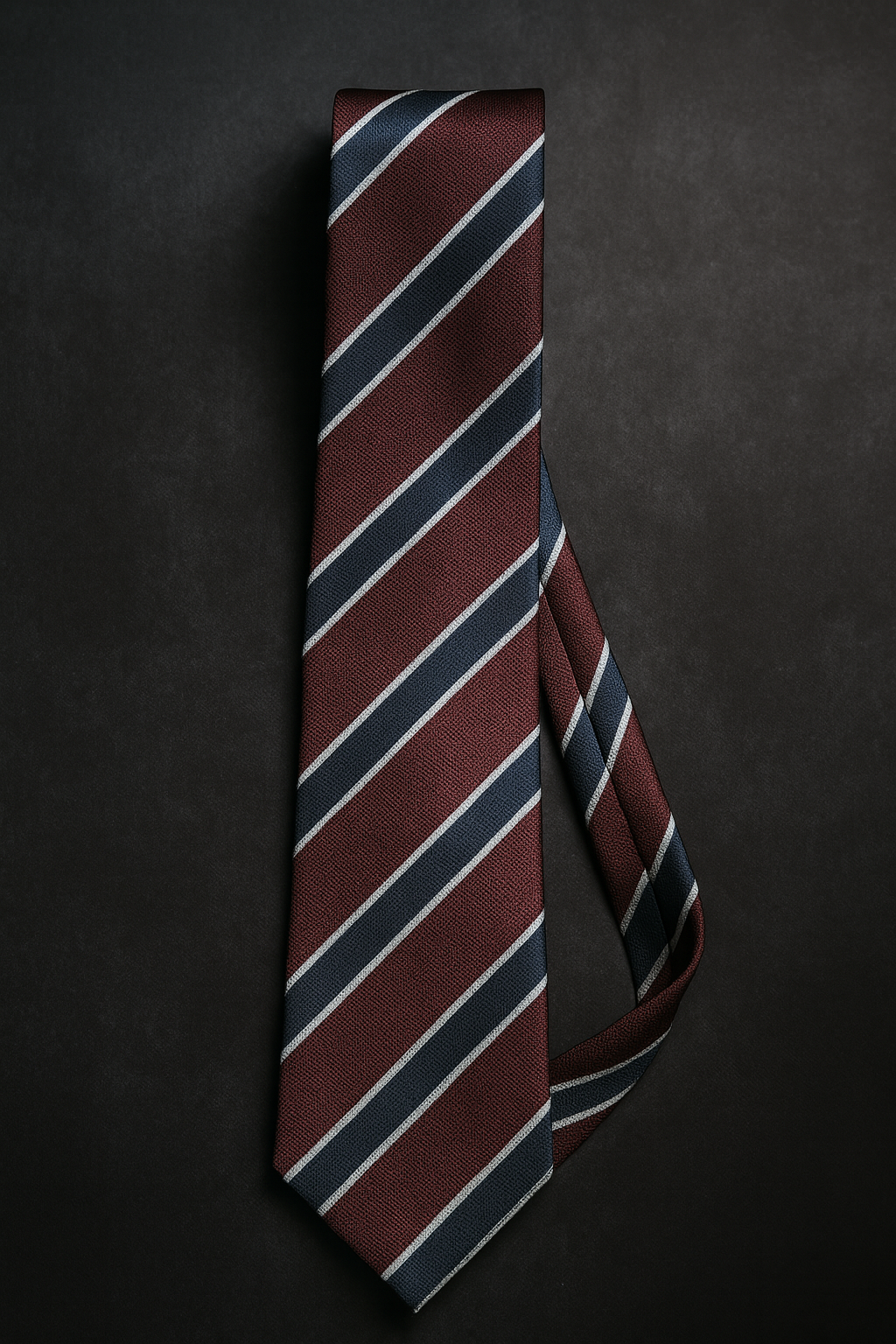 Cravatta bordeaux a righe blu e grigie