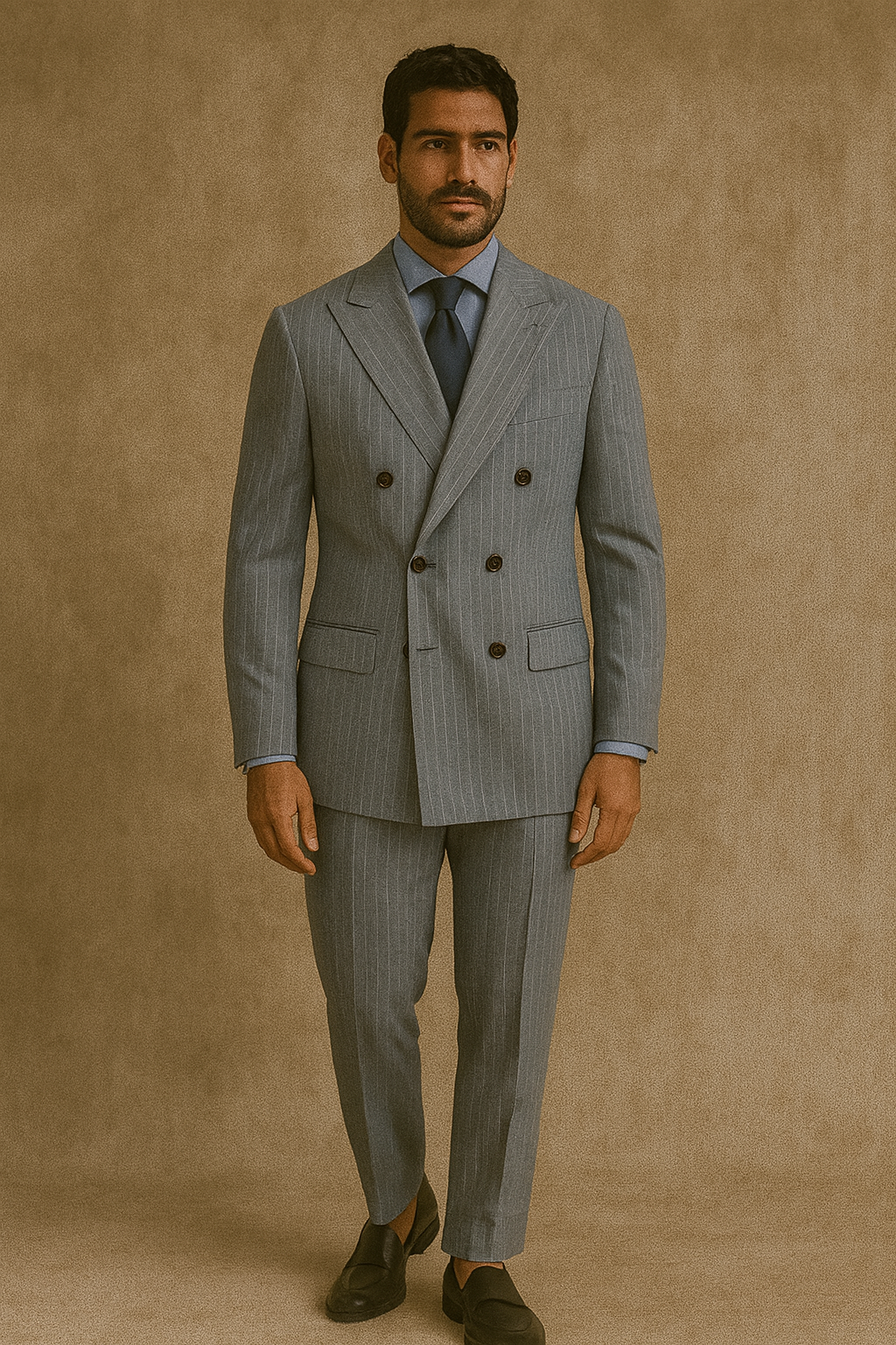 Abito Doppiopetto in lana Tasmania 100s | Gessato celeste